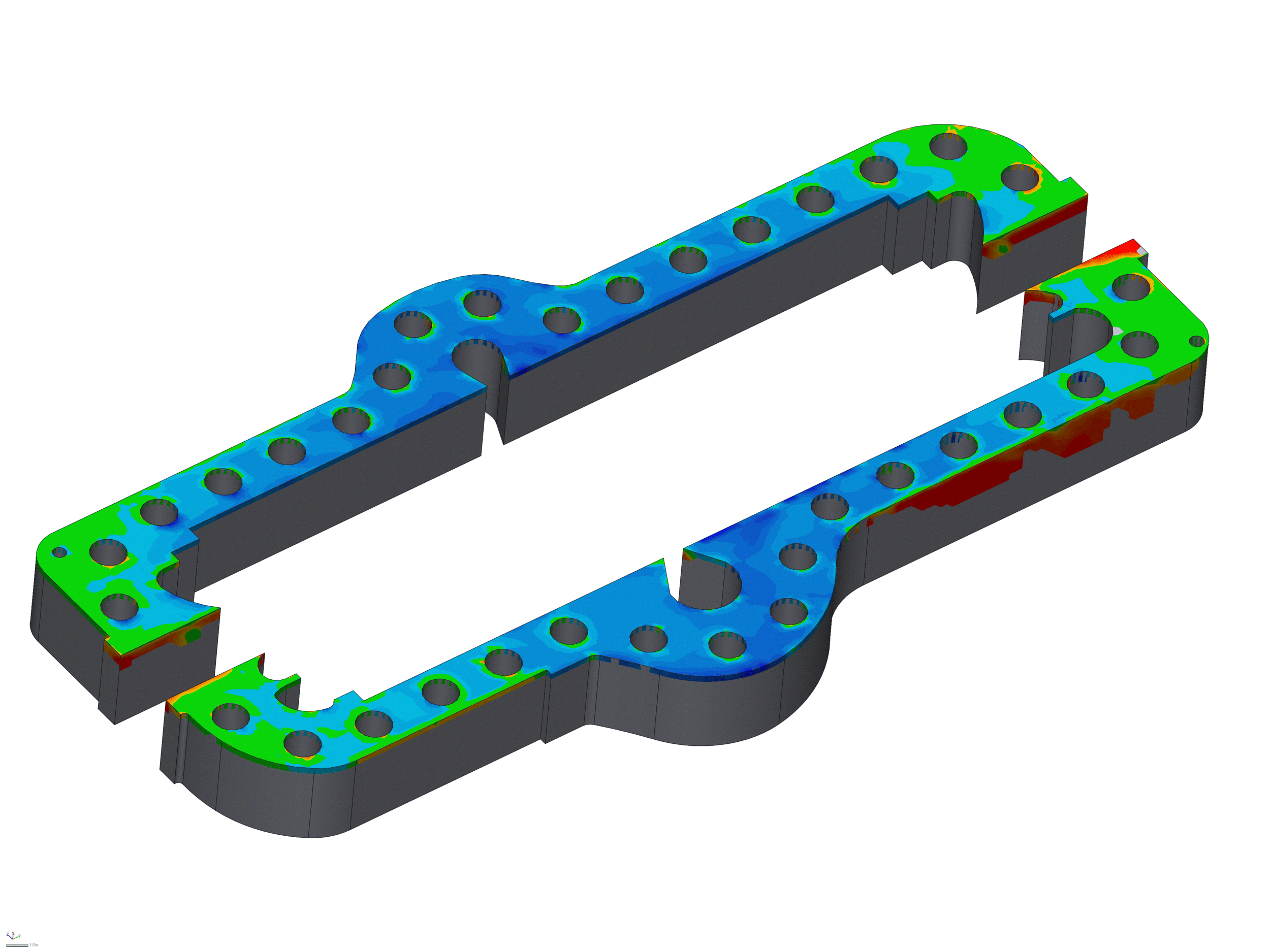 Split case joint flatness evaluation. This process reveals low spots on the horizontal joint and depicts the gradation using color. It can also identify areas that may require additional bolting force using FEA analysis. 