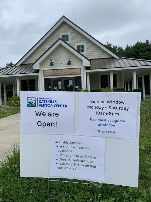 Available Services at The Catskills Visitor Center:  Walk-up service and information window, portable restroom in the parking lot, on-site trails, the stairs of the Upper Esopus Fire Tower