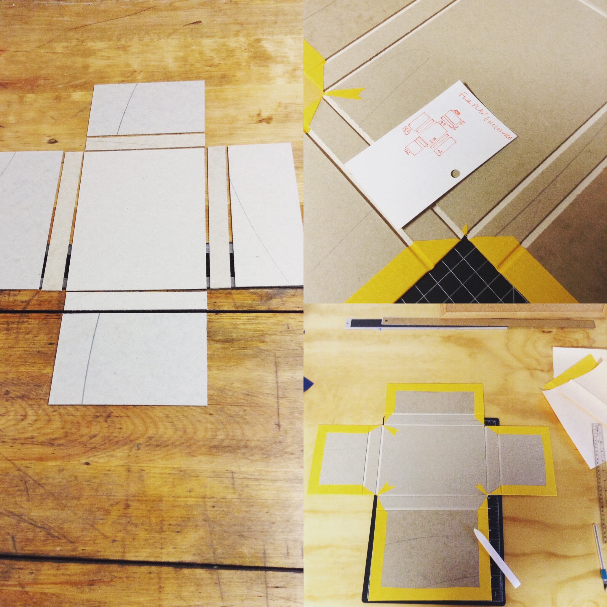  Different images showing a few try outs of making the four flap enclosure. 