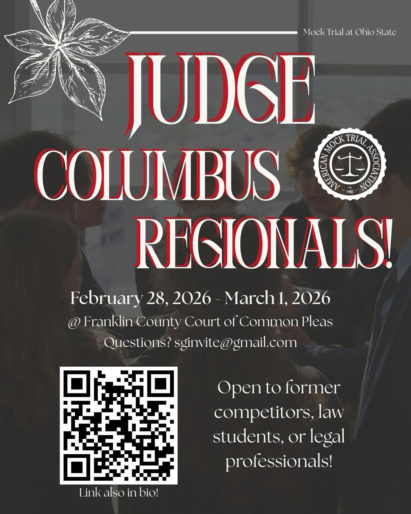 WE ARE LOOKING FOR JUDGES IN THE COLUMBUS AREA!!

In a few weeks, MT@OSU will be hosting an official @amtamocktrial regional competition here in Columbus at the Franklin County Court of Common Pleas. It will be held on February 28th and March 1st. We