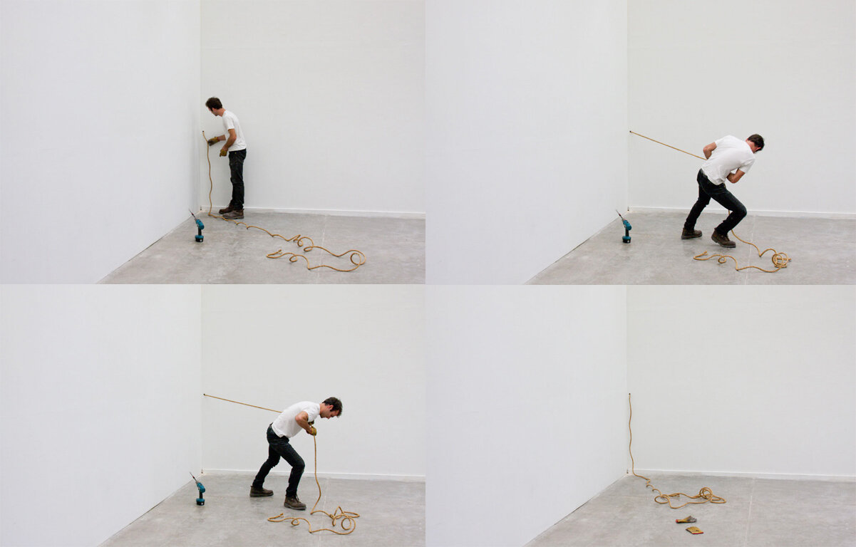 Corner Pull; an exercise, 2012-ongoing, Drill, rope, work gloves, Dimensions varied, performed by Aaron Meyers
