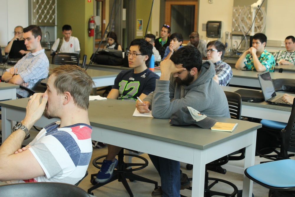  Mechanical engineering students participate in the UW Bothell's ASME Q&amp;A panel. April 8, 2016. 