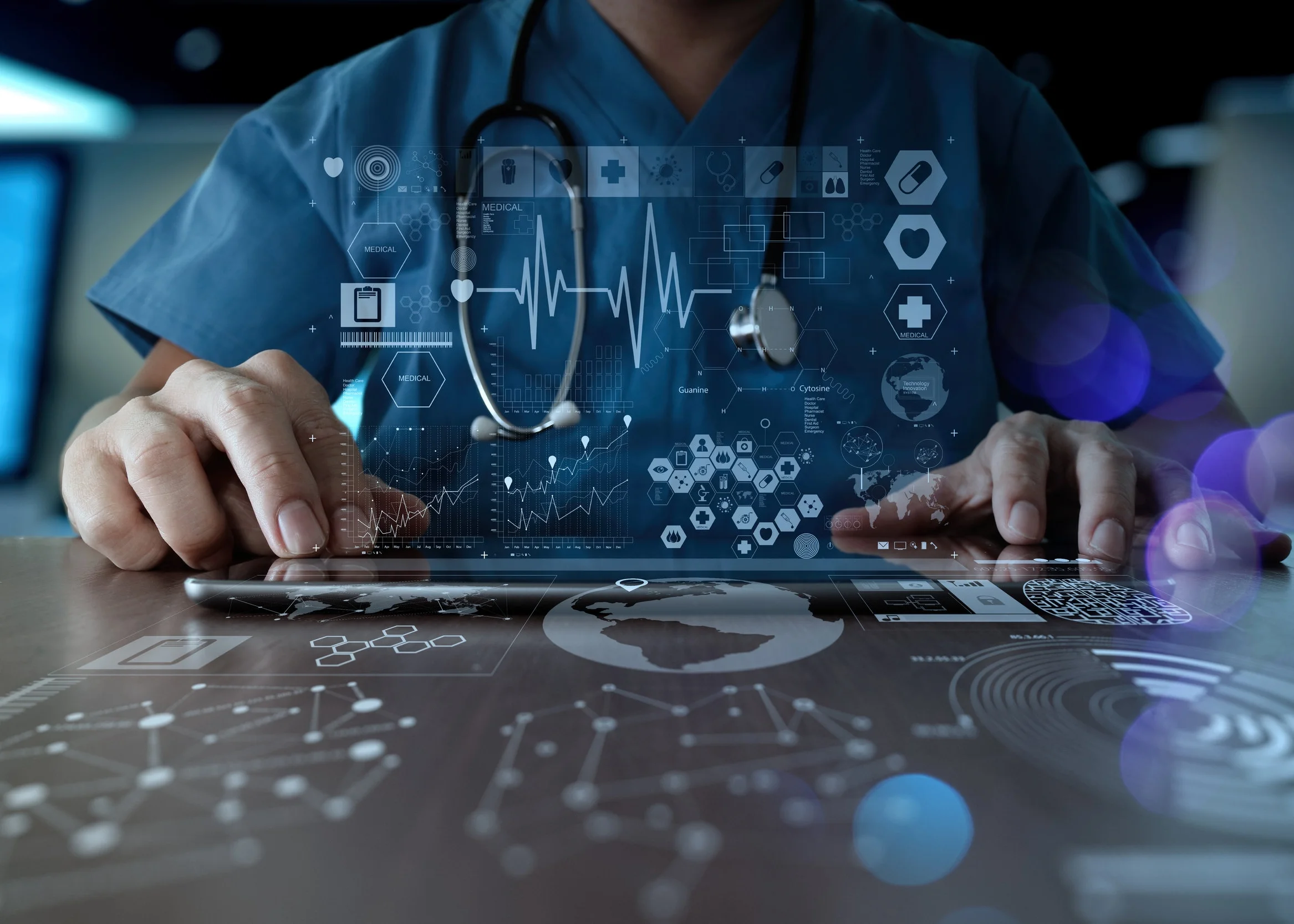 close-up of a medical professional using a tablet with various technology icons coming from it | Product Creation Studio