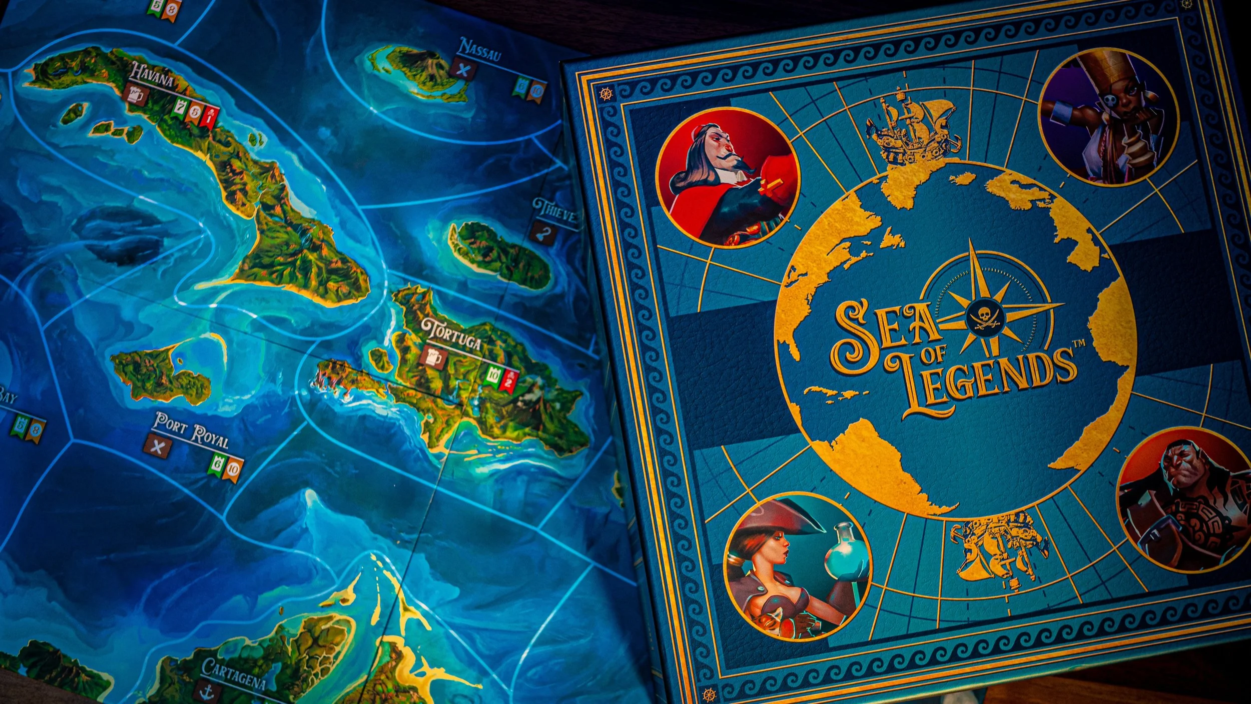 Sea of Legends board game showing a colorful Caribbean-style map and pirate-themed character artwork.