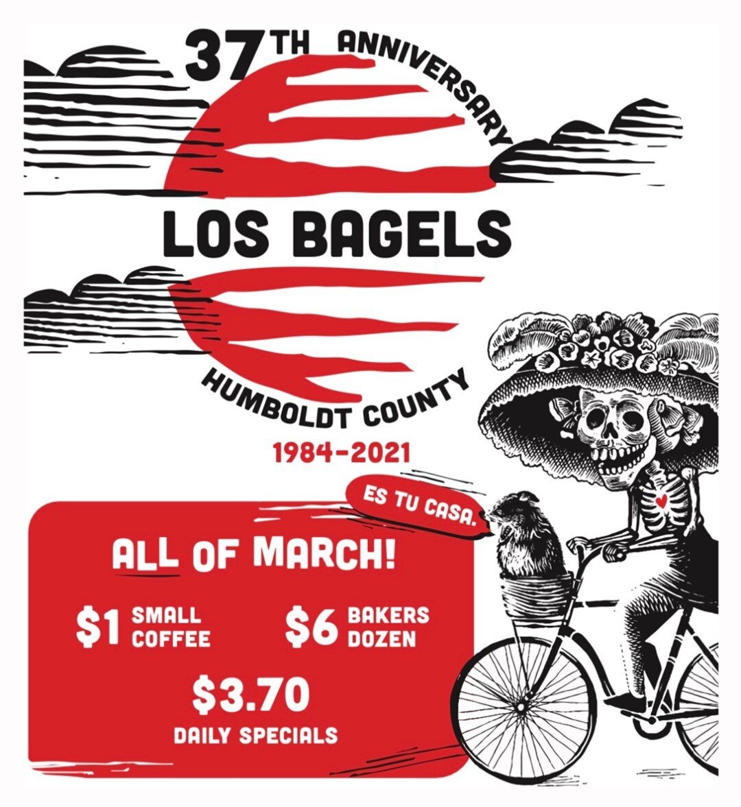 37 years ago, on March 1st, 1984 Los Bagels opened its doors for the first time! We are celebrating our Anniversary all month long with deals on coffee &amp; bagels! Open daily from 7-2, stop by and check it out!
