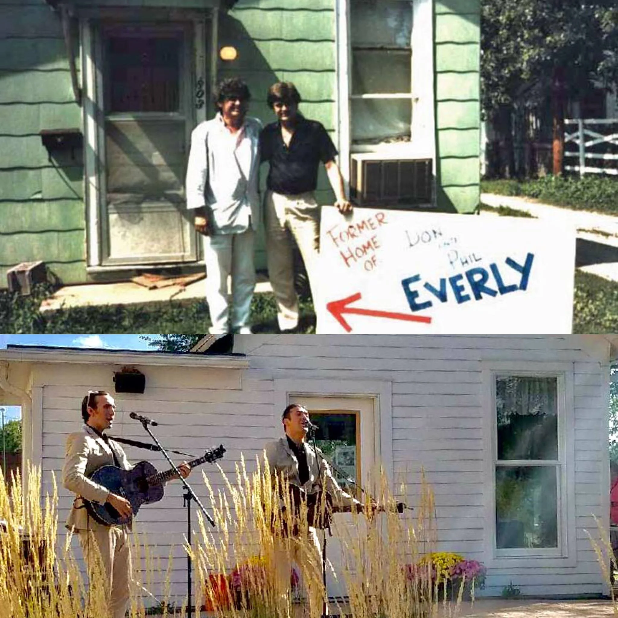 (top 1986) Don and Phil outside the home they spent much of their youth in (bottom 2017) Zach and Dylan performing outside The Everly family home