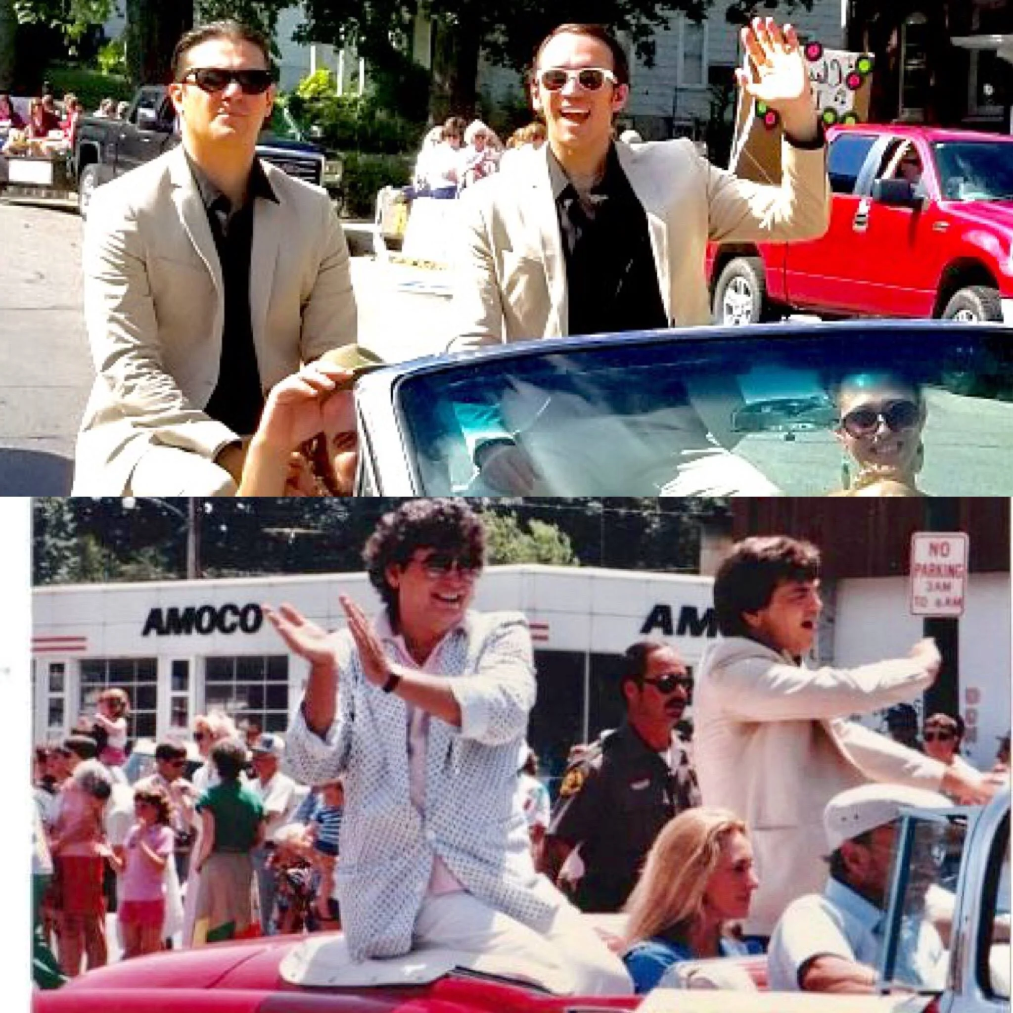 (top) Zach and Dyl in the Shenfest Parade, 2017 (bottom) Don and Phil in the Homecoming Parade, 1986