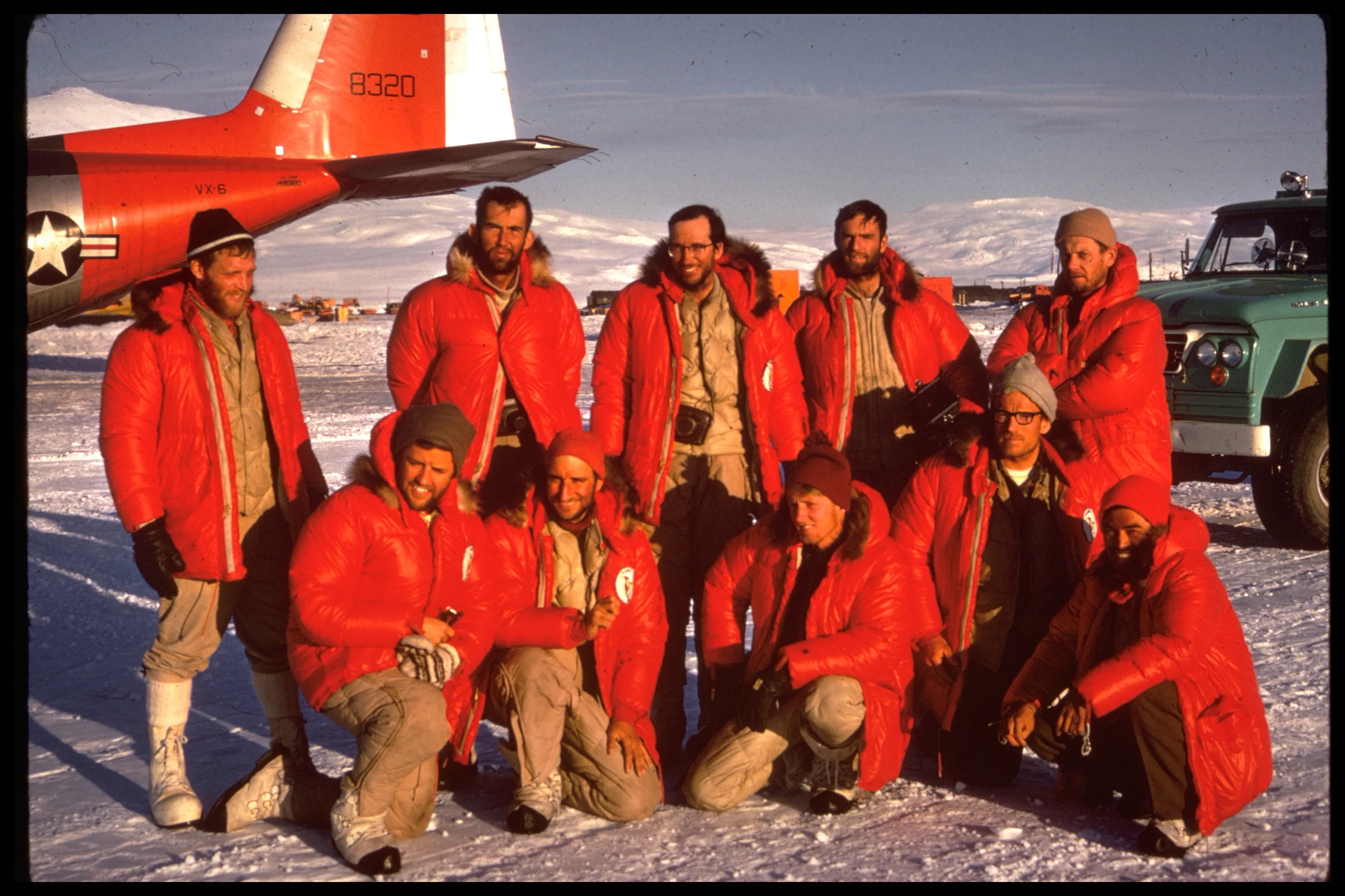 AAMEE team back at McMurdo (left to right) Standing: Evans, Wahlstrom, Clinch, Corbet, Schoening. Kneeling: Hollister, Silverstein, Marts, Long, Fukushima. Photo: 1966 AAME team