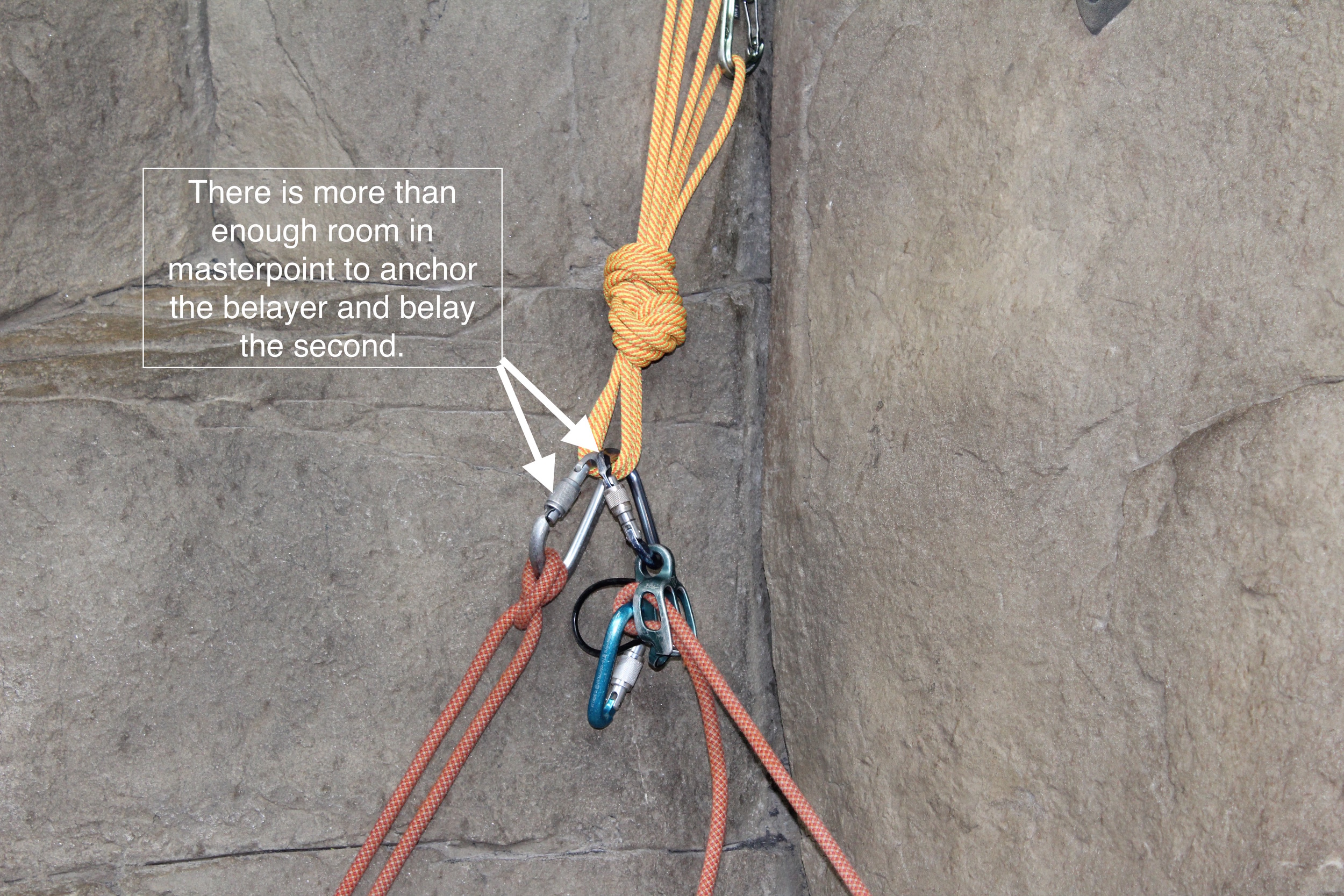 There is no need to use the shelf because the masterpoint can hold both anchored belayer and accommodate the belay device. But, when the belayer starts storing things that are less vital, the shelf starts to present itself as a valuable auxiliary attachment point.