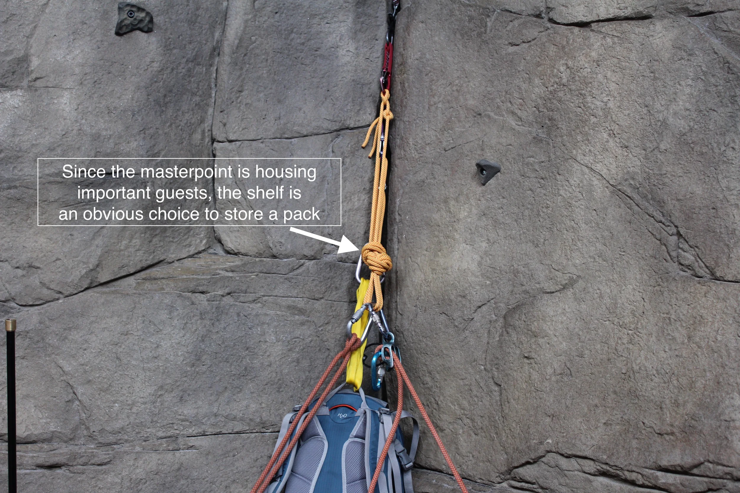If the climbing teams needs an auxiliary attachment point that has the same values as the masterpoint, the shelf is always available. The backpack, for example, is not a primary resident of the anchor, but it might be heavy and have vital equipment inside.