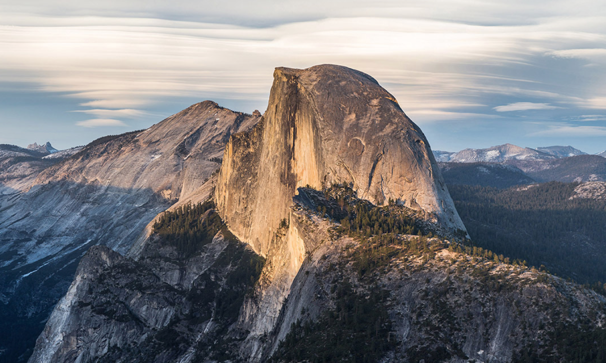 Half Dome from the southwest, the face climbed by Snake Dike.