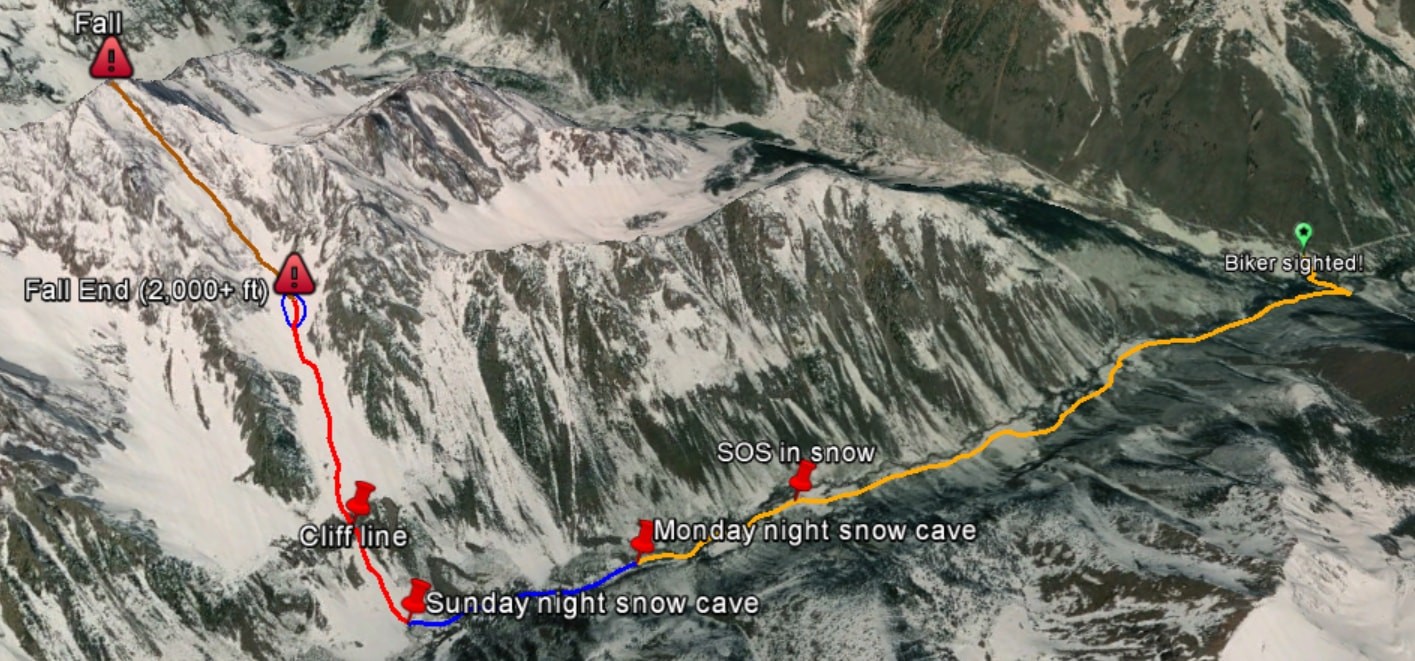 Montoya's escape route after falling down the east face of Pyramid Peak. Despite his injuries, he eventually made his way back to the road where he had started.