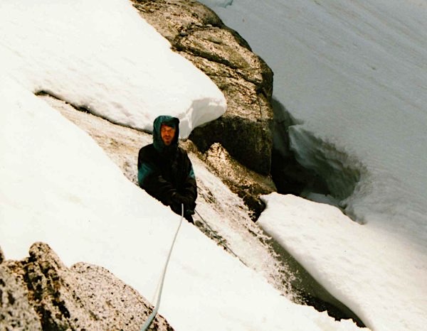 Scott Smith after escaping from the snow hole below Aasgard Pass. His climbing partner shot over the hole during a fast glissade, but Smith, following more cautiously, was not as lucky.