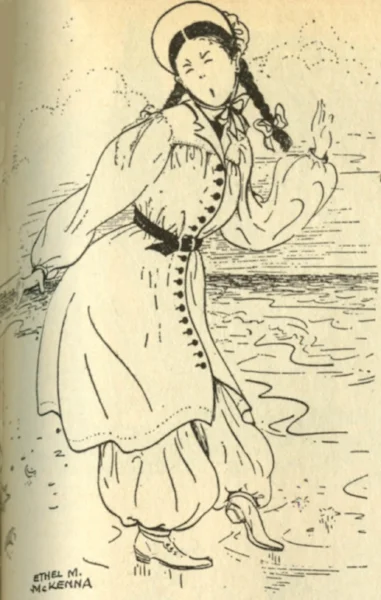 An illustration of a lady climber of 1877 in her climbing garb of choice - her bathing suit. Part of article entitled Fashion on the Peaks: 1876 - 1935, published in Appalachia Magazine Vol. 20 1934-1935, pages 372-379.