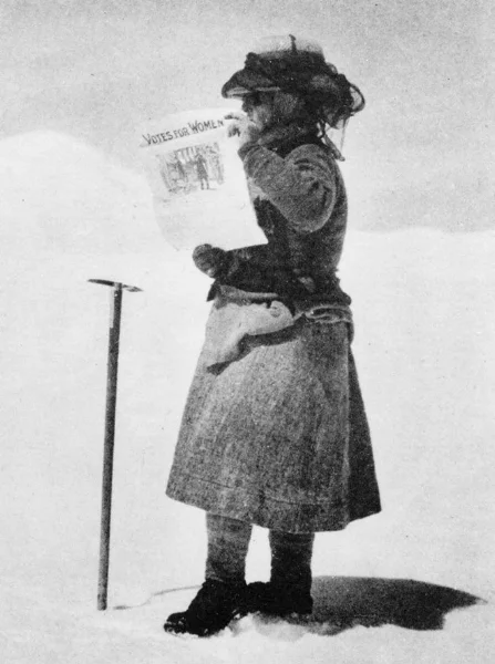 Fanny Bullock Workman was a professional female mountaineer who opted to climb in knickerbockers, but brought a skirt to wear over them when necessary. She's pictured here in an iconic photo on Silver Throne plateau, Karakoram in 1911 - when women in the United States still were unable to vote.