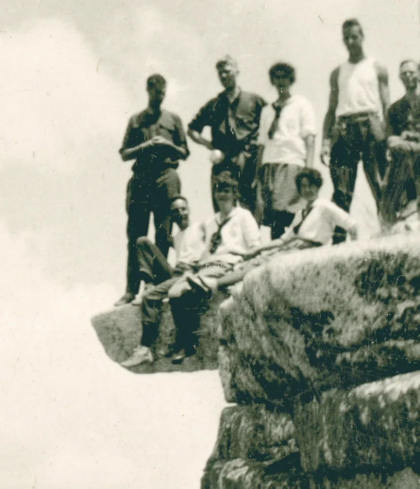 The Overlook in Yosemite Valley California - the girl standing in the middle is wearing athletic bloomers. From the American Alpine Club Library's Mountain Views Collection.