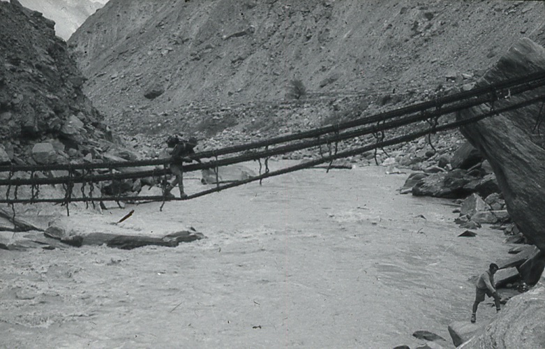 Rope bridge on the approach to K2. Eaton Cromwell Collection