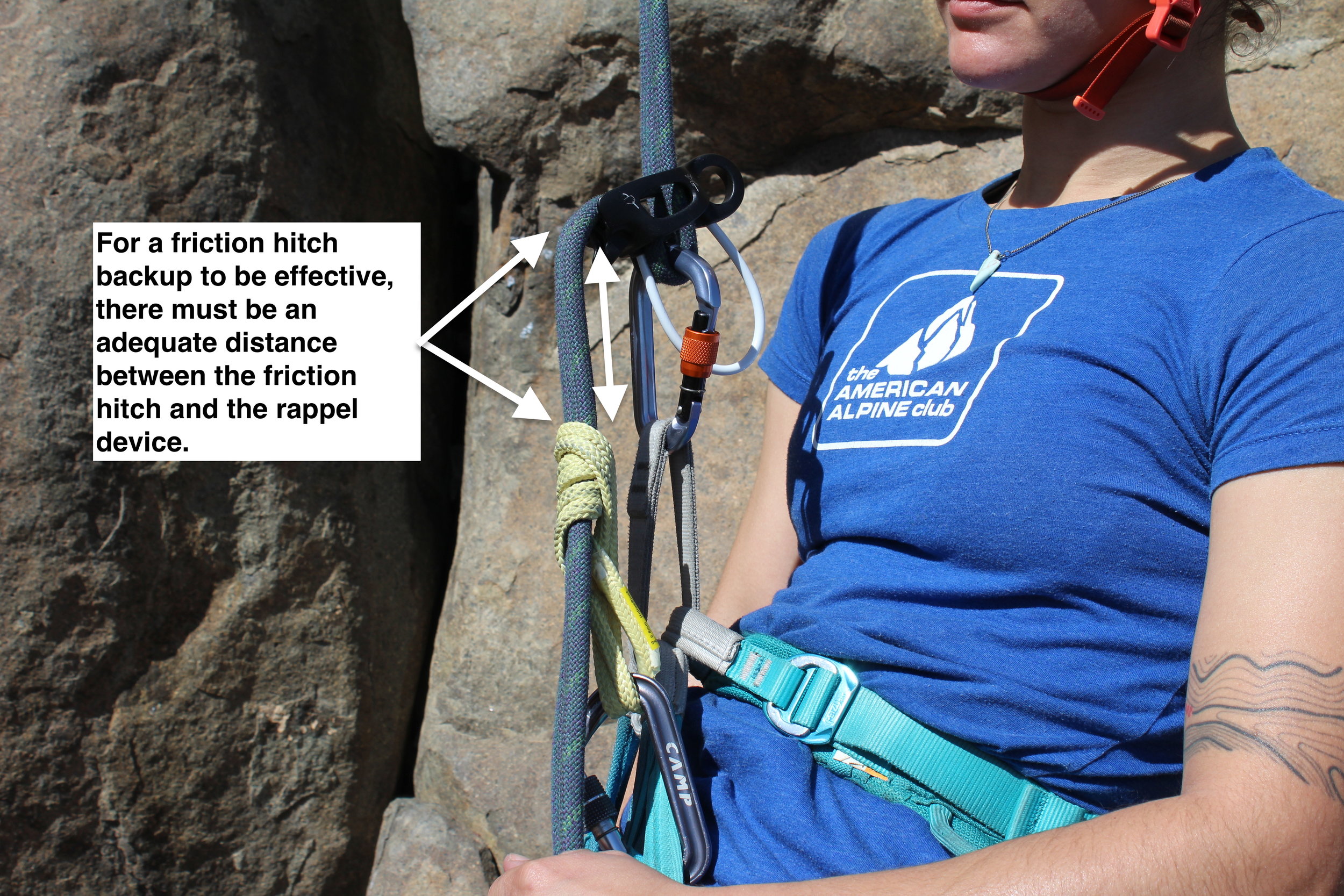 Precise rigging is vital to an effective rappel backup. &nbsp;It's not enough to apply a friction hitch; the distances and positions of all the pieces have to be just right.