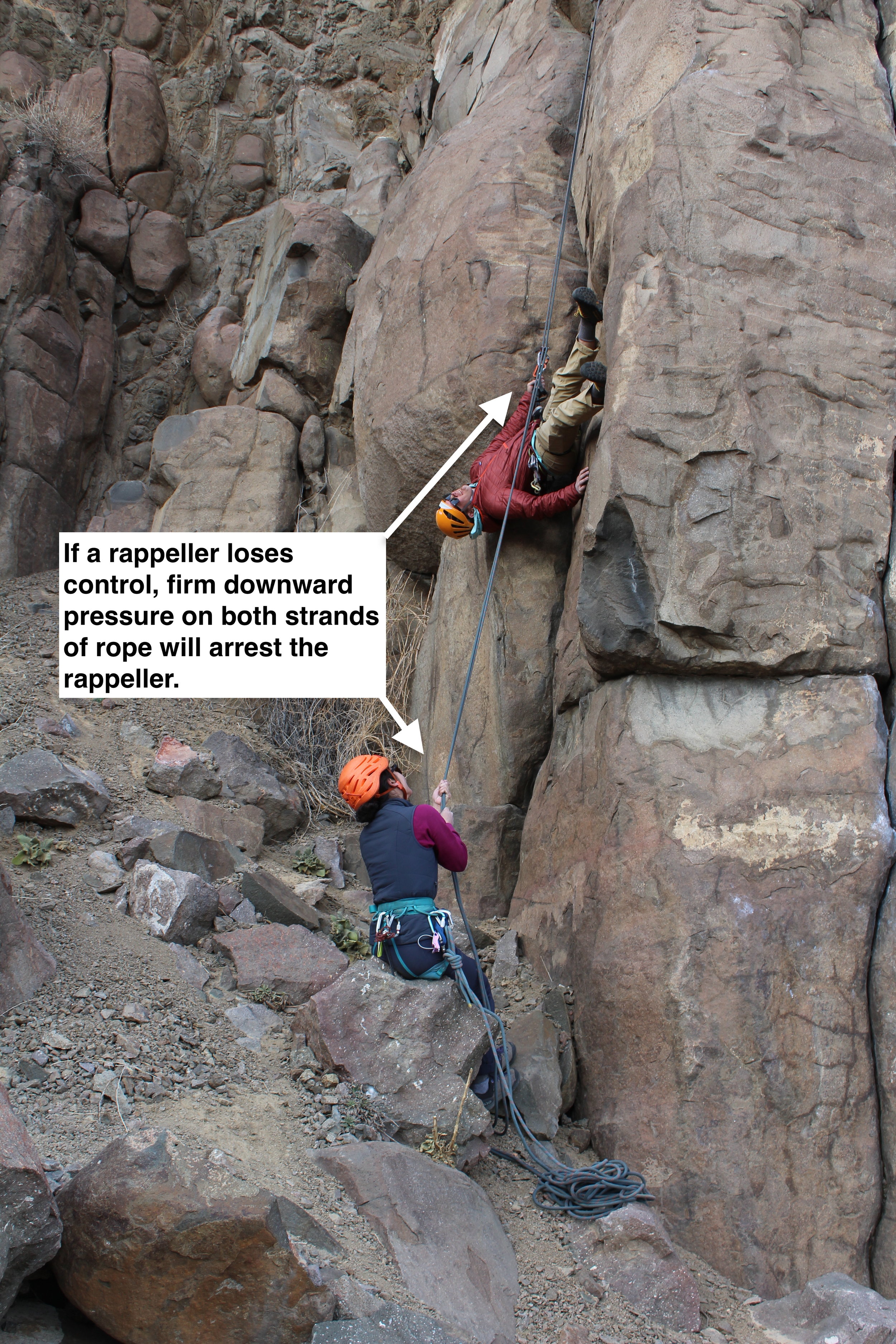 When rappellers lose control it happens quickly and unexpectedly, but a quick and firm tug on the brake strands will bring the rappeller to a halt.