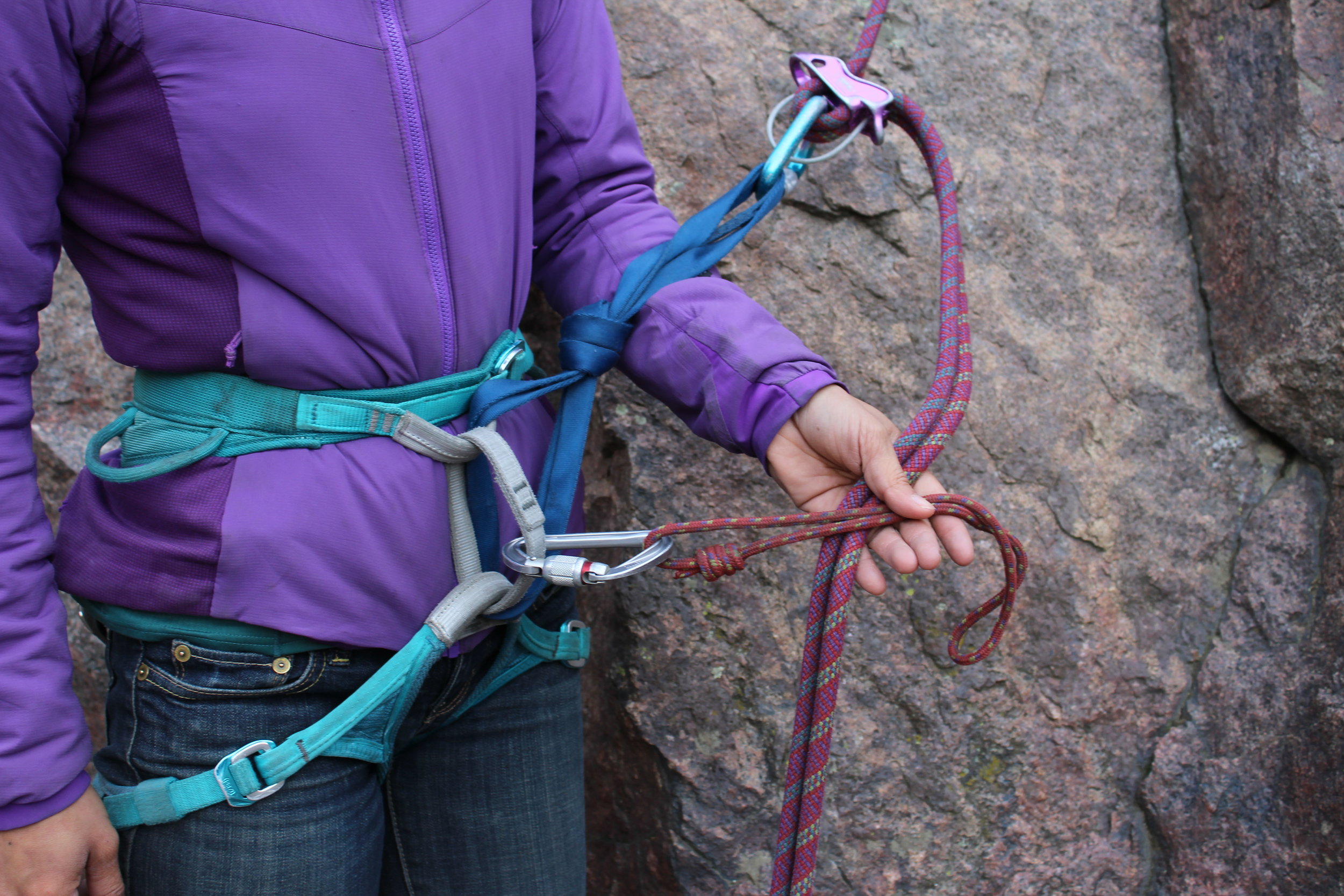 An autoblock friction hitch is a great option when tying a rappel backup. &nbsp;A small loop of 5mm nylon can be quickly deployed for the task.