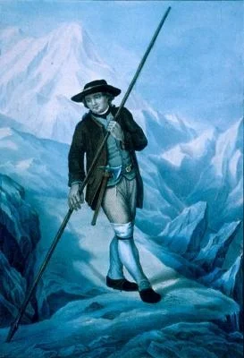Jacques Balmat with an original alpenstock. He has an ice axe at his belt for cutting steps into the snow.