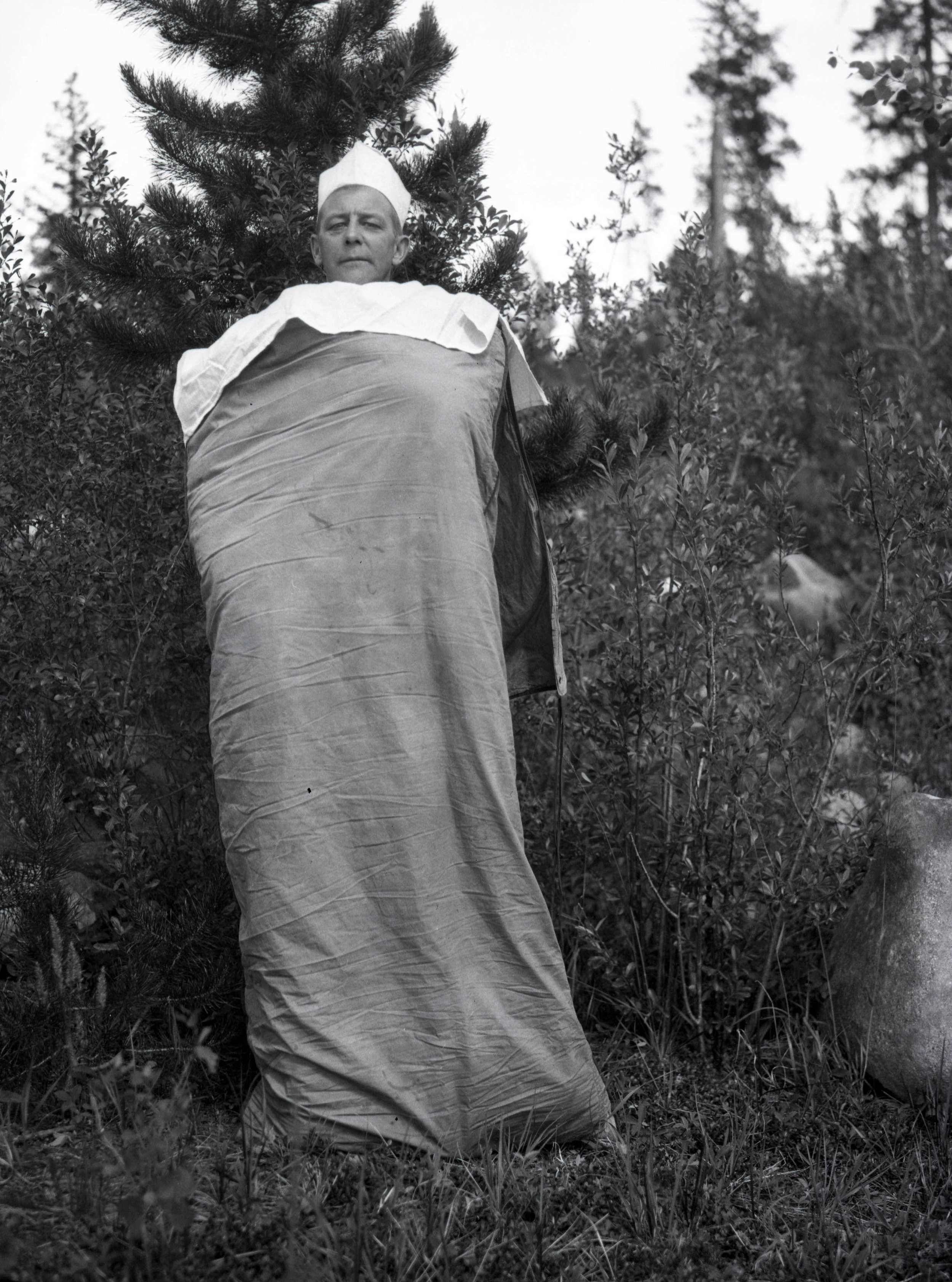  A. J. Gilmour models his sleeping bag 