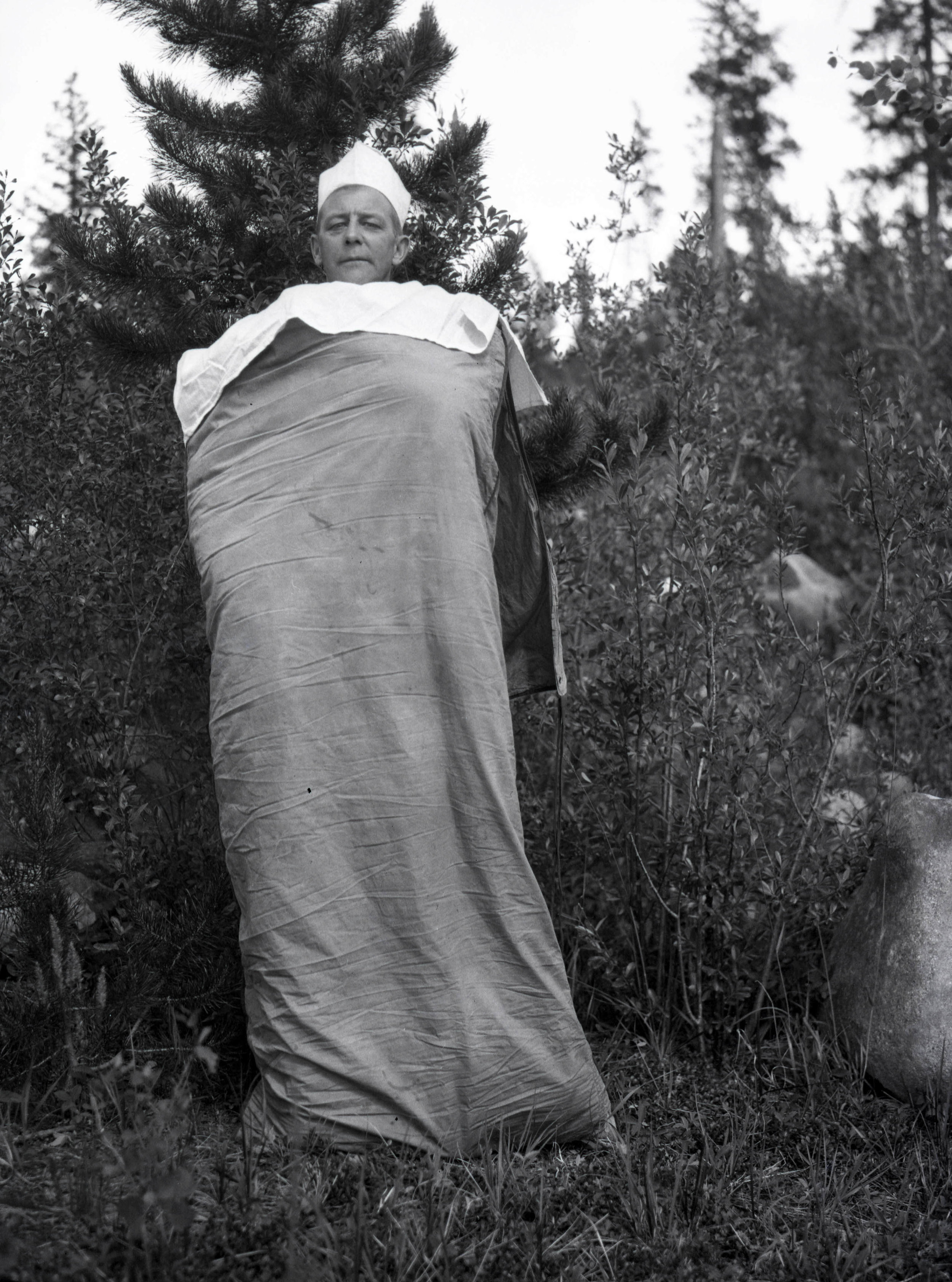A. J. Gilmour models his sleeping bag