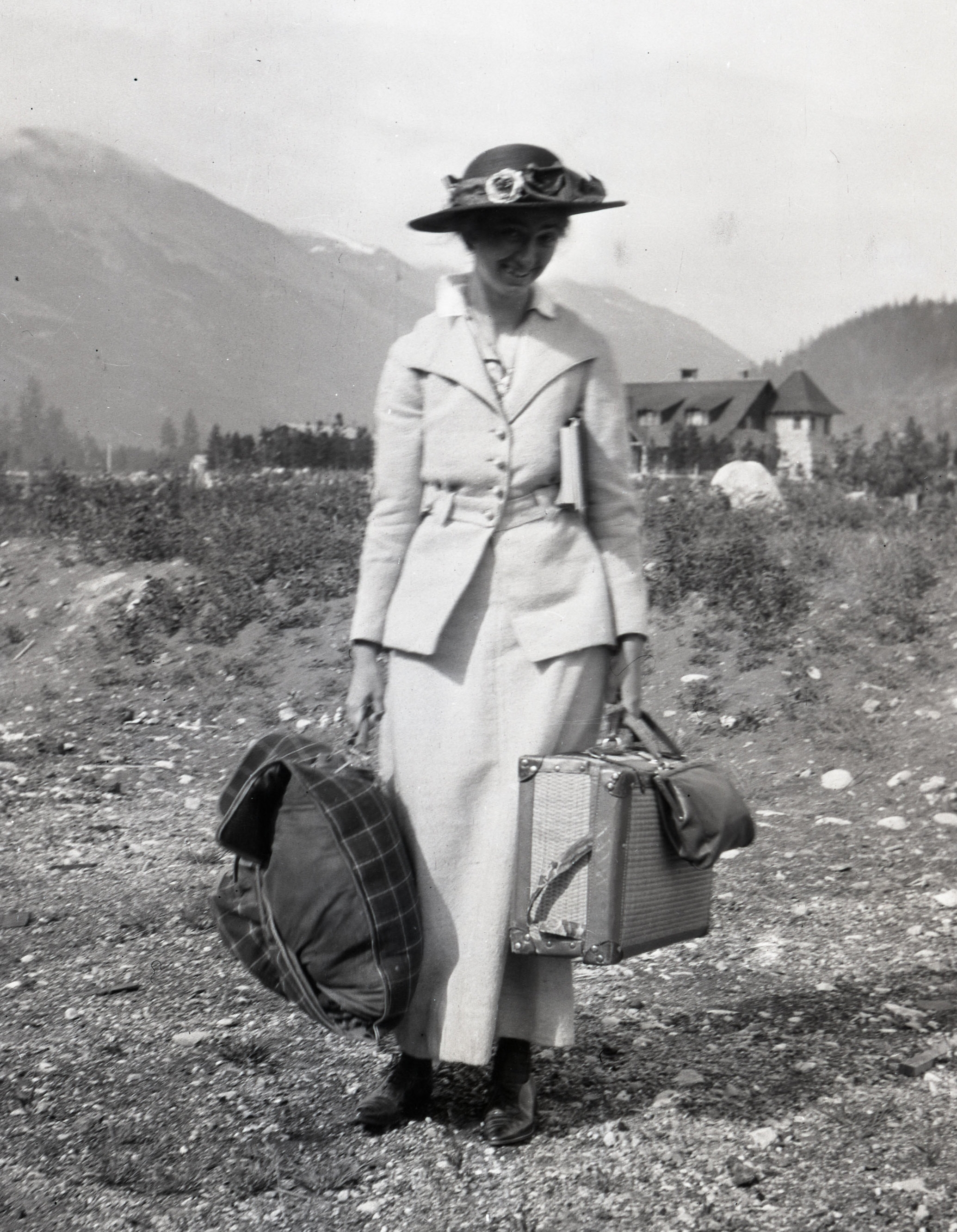  Miss Candace Hewitt arrives in Jasper to climb Resplendent Mountain. 