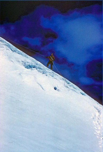 On the rope looking for a route over the Bumps. It seemed that our hopes were to be dashed by these insignificant little excrescences on the ridge crest.