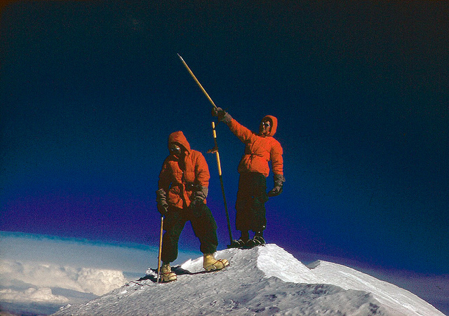  June 19, 1959 Jake and Pete on the summit of Mt. McKinley. Above us, great cumulus caps reared up to 25,000 feet; below, the clouds were at the 18,000 foot level.     