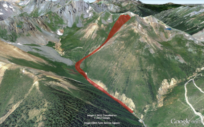 Images showing the power and scale of the avalanche near Ophir Pass, Colorado, that is discussed in this episode. Photo and Google Earth image courtesy of Colorado Avalanche Information Center