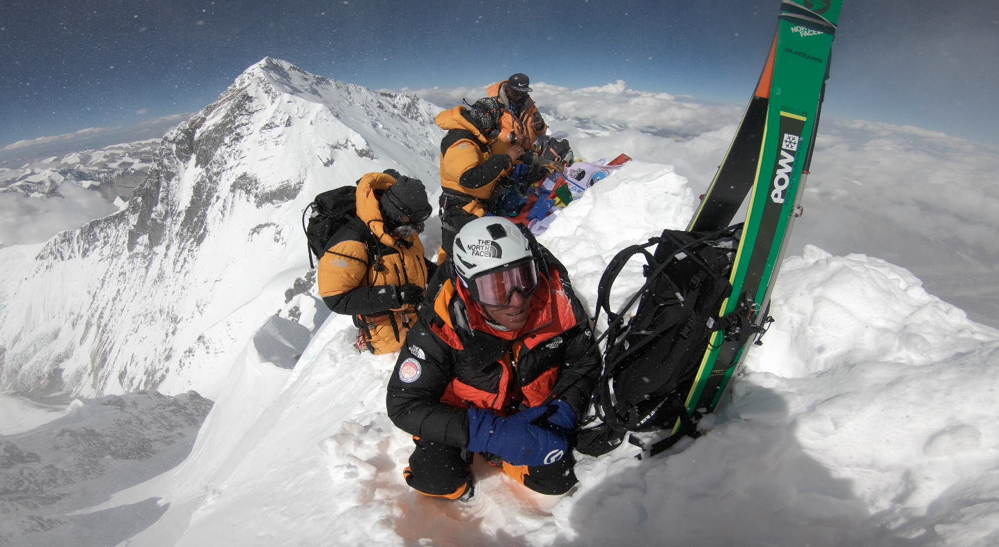 Above: The team on Lhotse’s summit, with Mt. Everest in the background. Right: The Lhotse Face and the route from Camp 2 to the top.