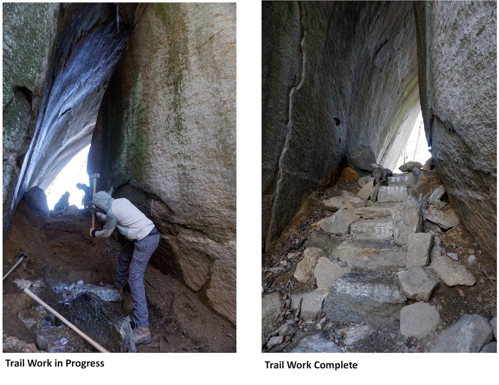 Volunteers with the Carolina Climbers Coalition work on the Eagle Rock Climber Access Trail (the “Tunnel Trail”) within Chimney Rock State Park (2017).