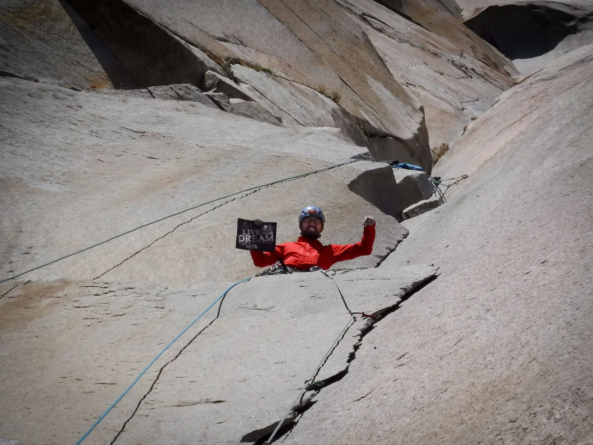 Above: Mike on Triangle Ledge, which he impacted in a fall during his first attempt on the Nose, while leading the thin crack just above him. Right: Mike (foreground) and Zach near the top of the Nose after Mike recovered from his injuries and they returned to make a successful ascent together.