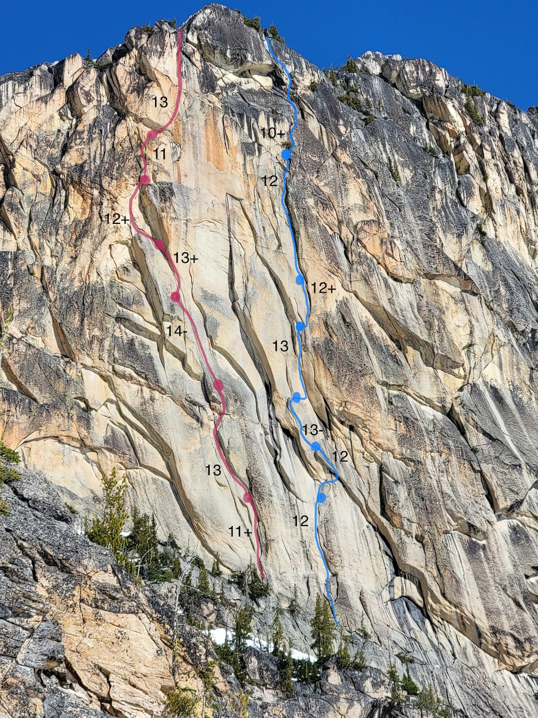  Rubbernecker on the left and Backseat Driver on the right, both established in the last two years. The two routes are just left of The Passenger, a well-known classic of this face. 