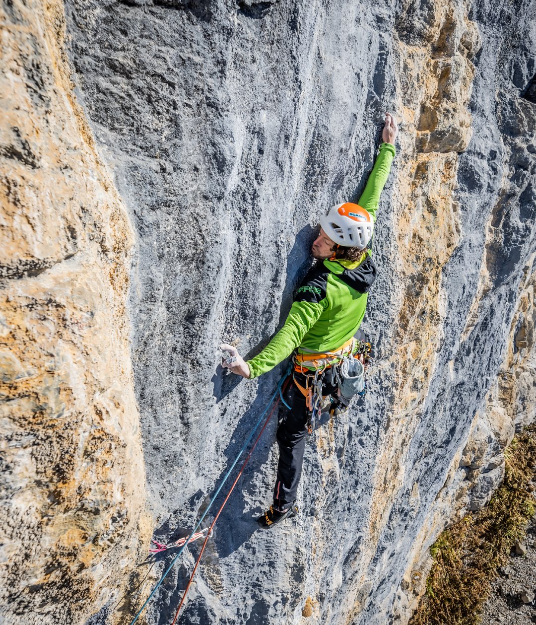  Silvan Schüpbach on pitch one of Tradündition, an eight-pitch traditionally protected 8a on the limestone west face of the Dündenhorn, Switzerland. 