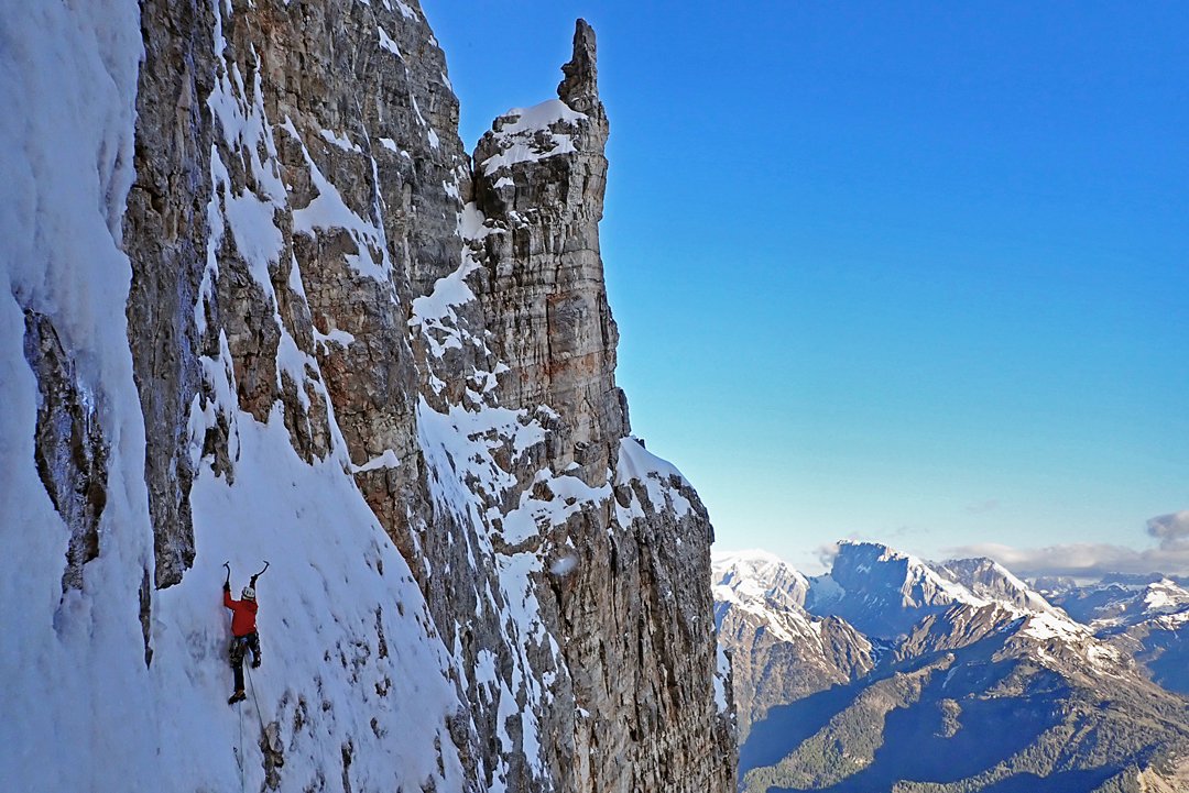  Spectacular scenery on the northwest face of the Cima de Gasperi, Italy. Emanuele Andreozzi and Santi Padros climbed an 800-meter new route up the face in late May. 