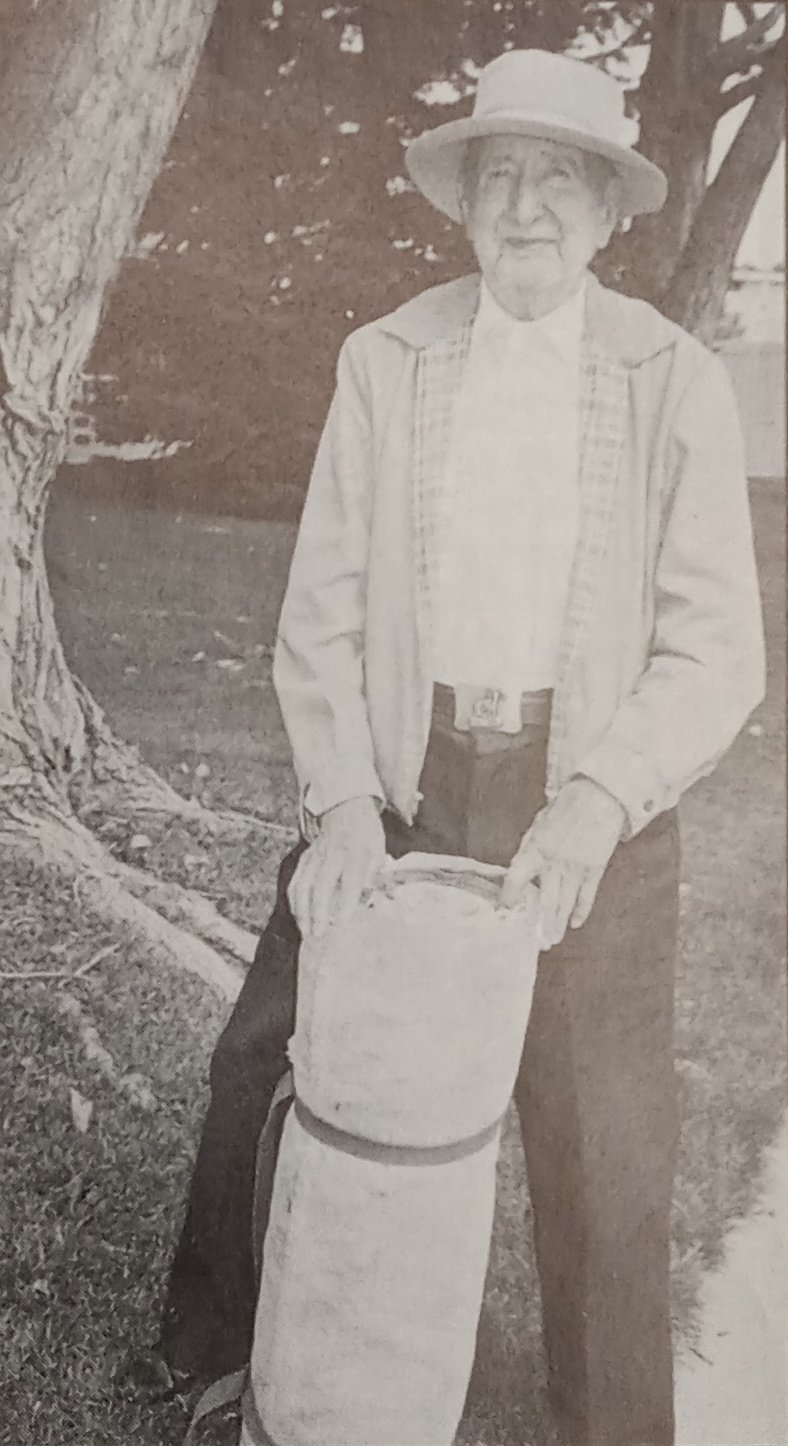  98-year old Carl heading to a family reunion with his 1912 bedroll (sleeping bag). Photo from the Trail &amp; Timberline, November 1992.   This bedroll and a full set of Trail &amp; Timberlines can be found in the AAC Library. 