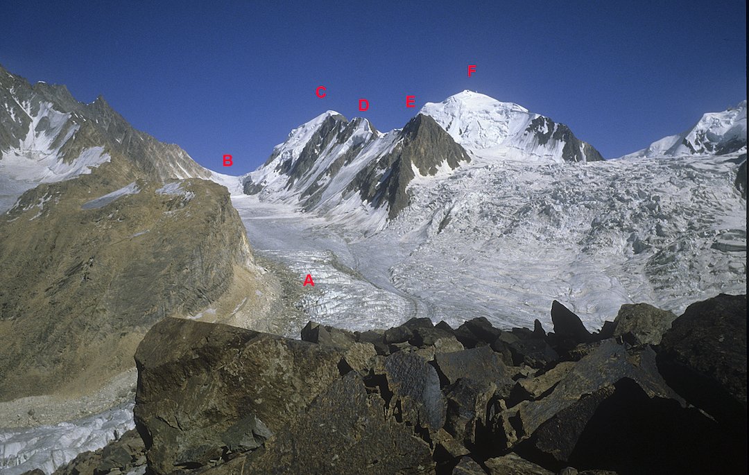  The peaks labeled C, D, E, and F all were climbed by the two-person expedition of Lindsay Griffin and Jan Solov in 1984. 
