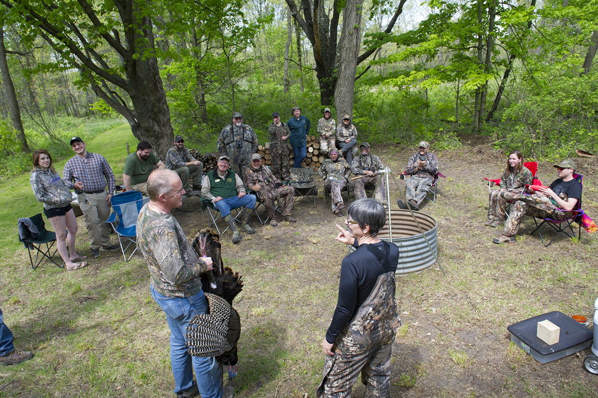 Steve and Ruth Vandermey with their tagged turkey at the camp located at the Barry State Game Area Field Office.