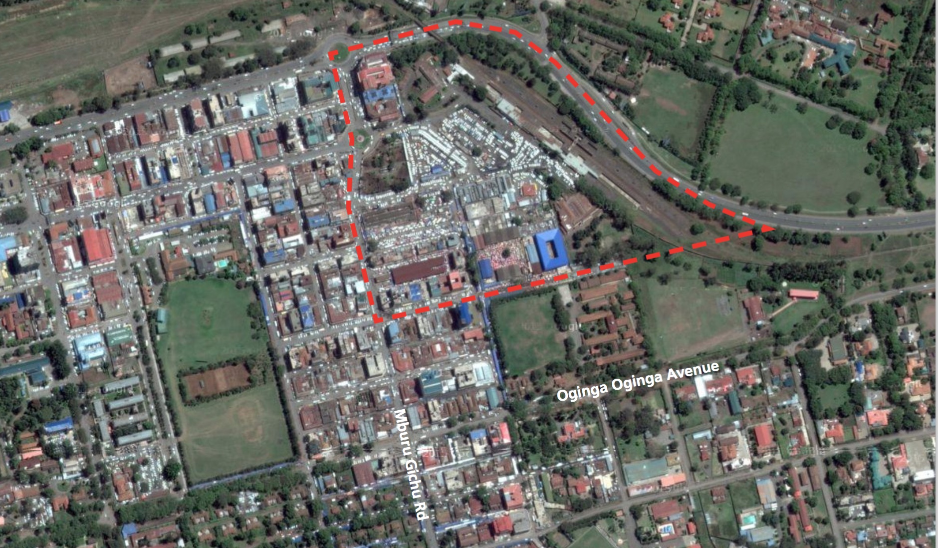 What would be your urban design solution for the busy transport interchange in Nakuru? Source: Google Earth, in UN Habitat project document (see below)
