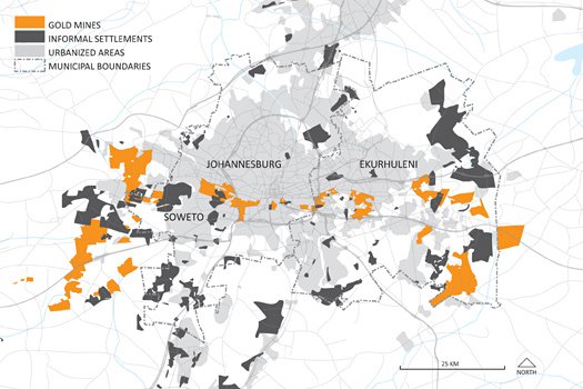 The spatial relationship between informal settlements, urban areas and gold mines. Source: Dorothy Tang and Andrew Watkins, Places Journal
