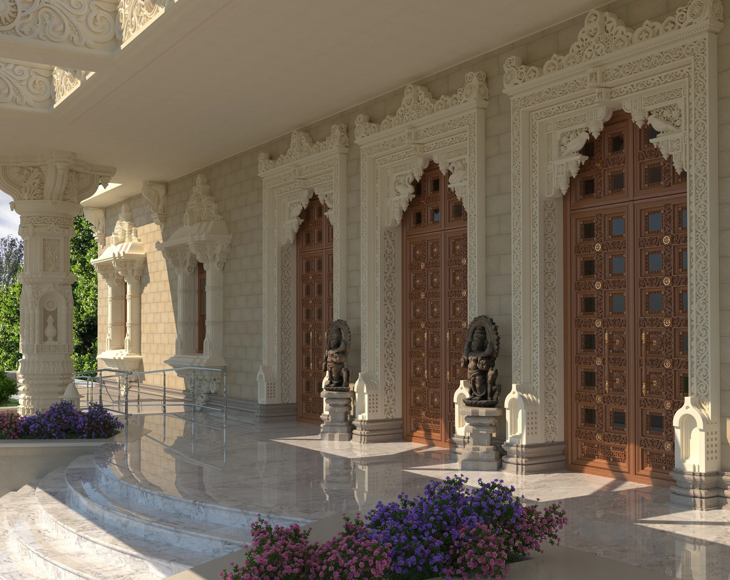 Close-up detail of the main entrance of the new ISKCON temple in Parsippany, New Jersey