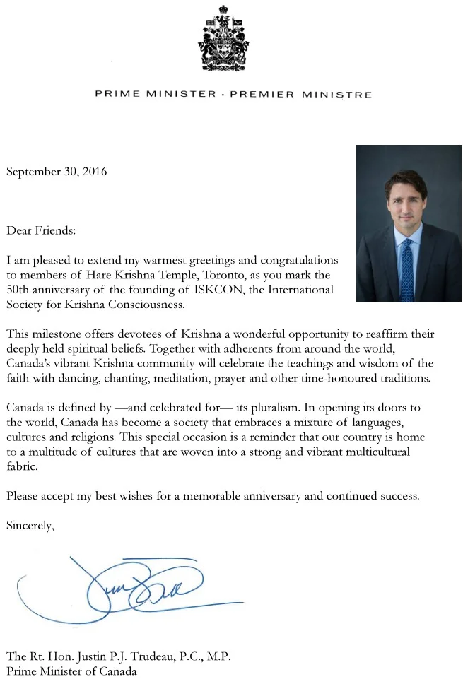 Iskcon 50 Message Justin Trudeau Prime Minister Canada Iskcon Of New Jersey Coming Soon To Parsippany