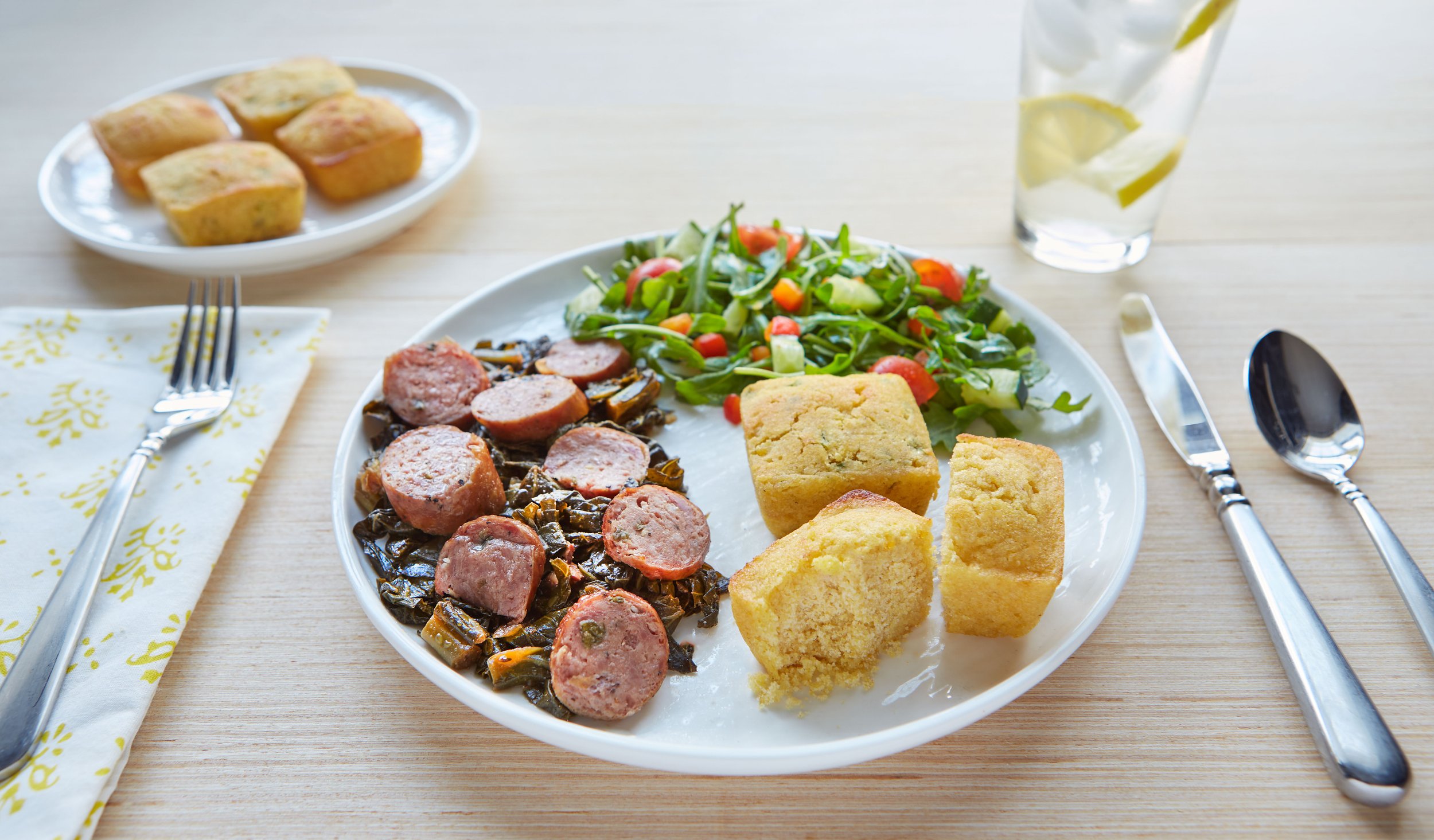 dinner plating with cornbread