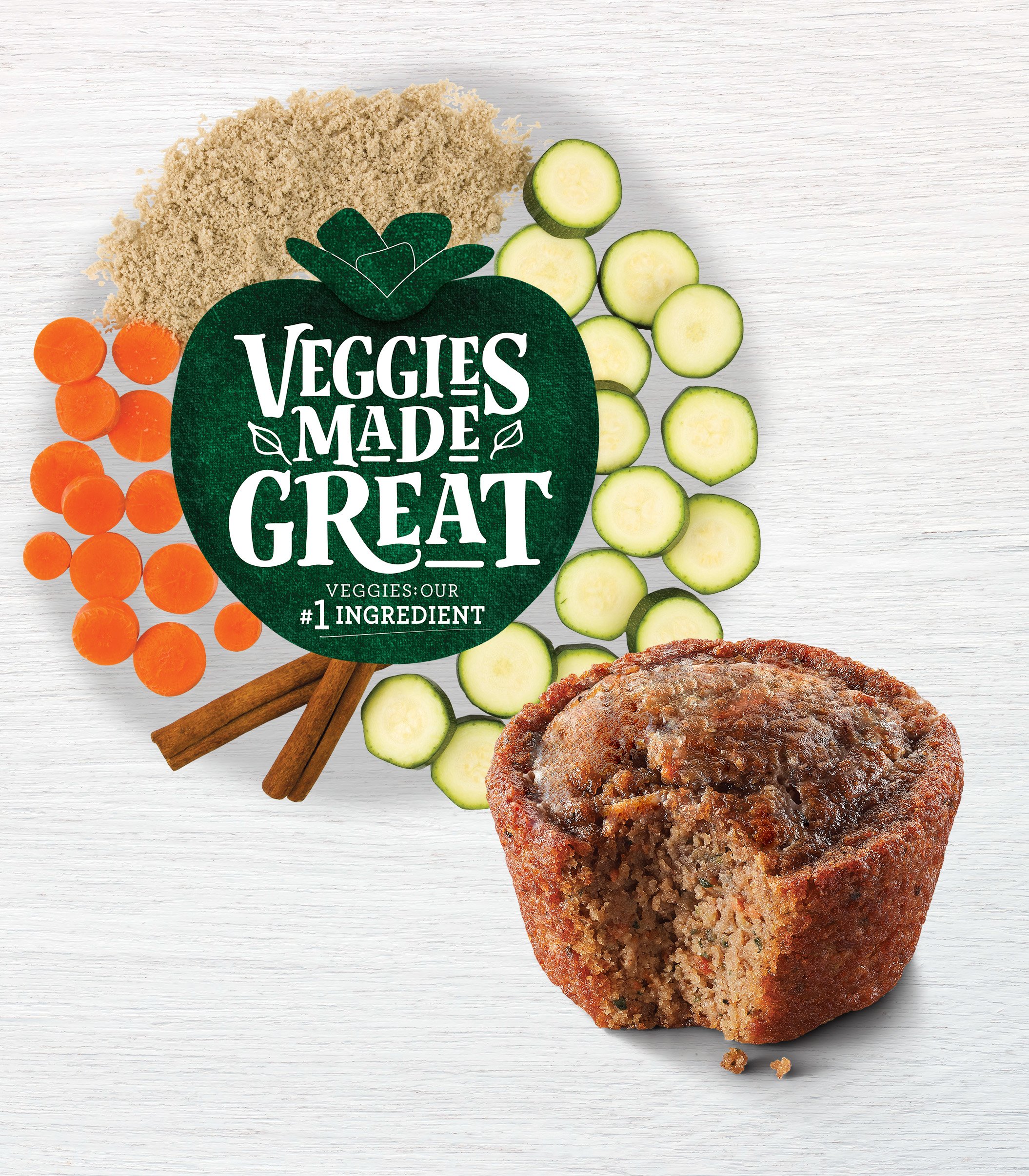 keto friendly cinnamon roll muffin next to veggie wheel showing main ingredients with veggies made great logo