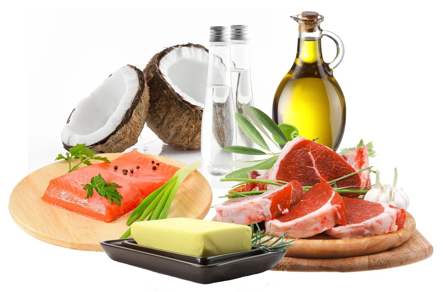 Picture of foods commonly part of a ketogenic diet, including salmon, red meat, coconut oil, olive oil and butter. A ketogenic diet and ketones have been shown to increase BDNF levels.