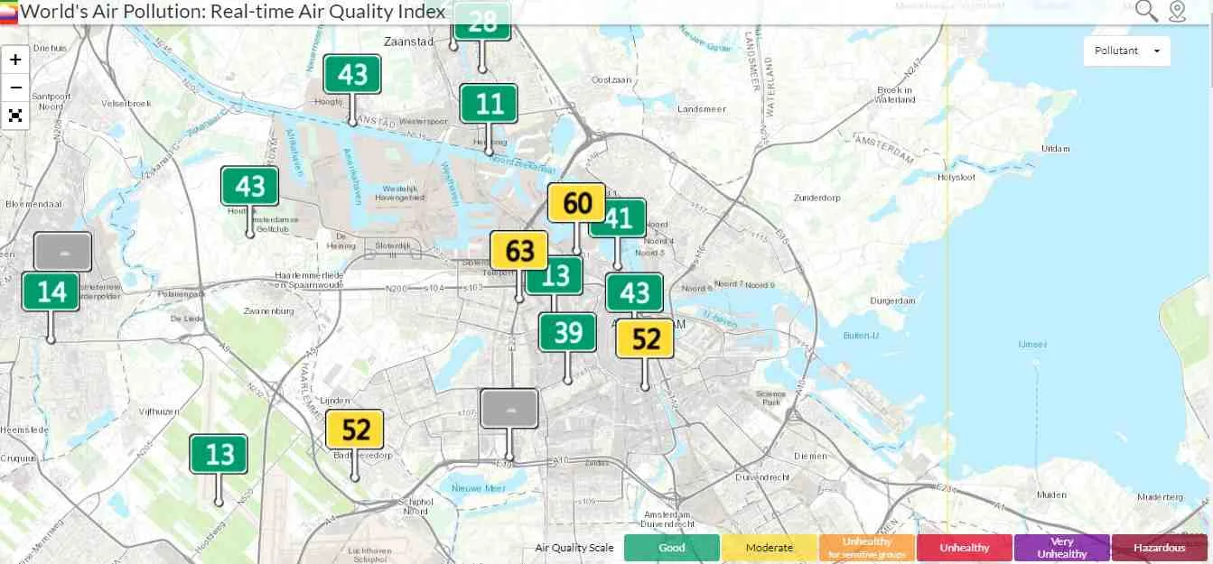 Air Quality Index Map in Amsterdam.