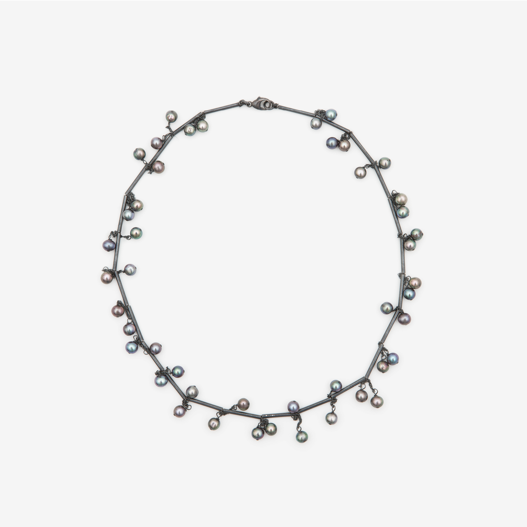 tubing necklace with dangling black pearls/oxidized