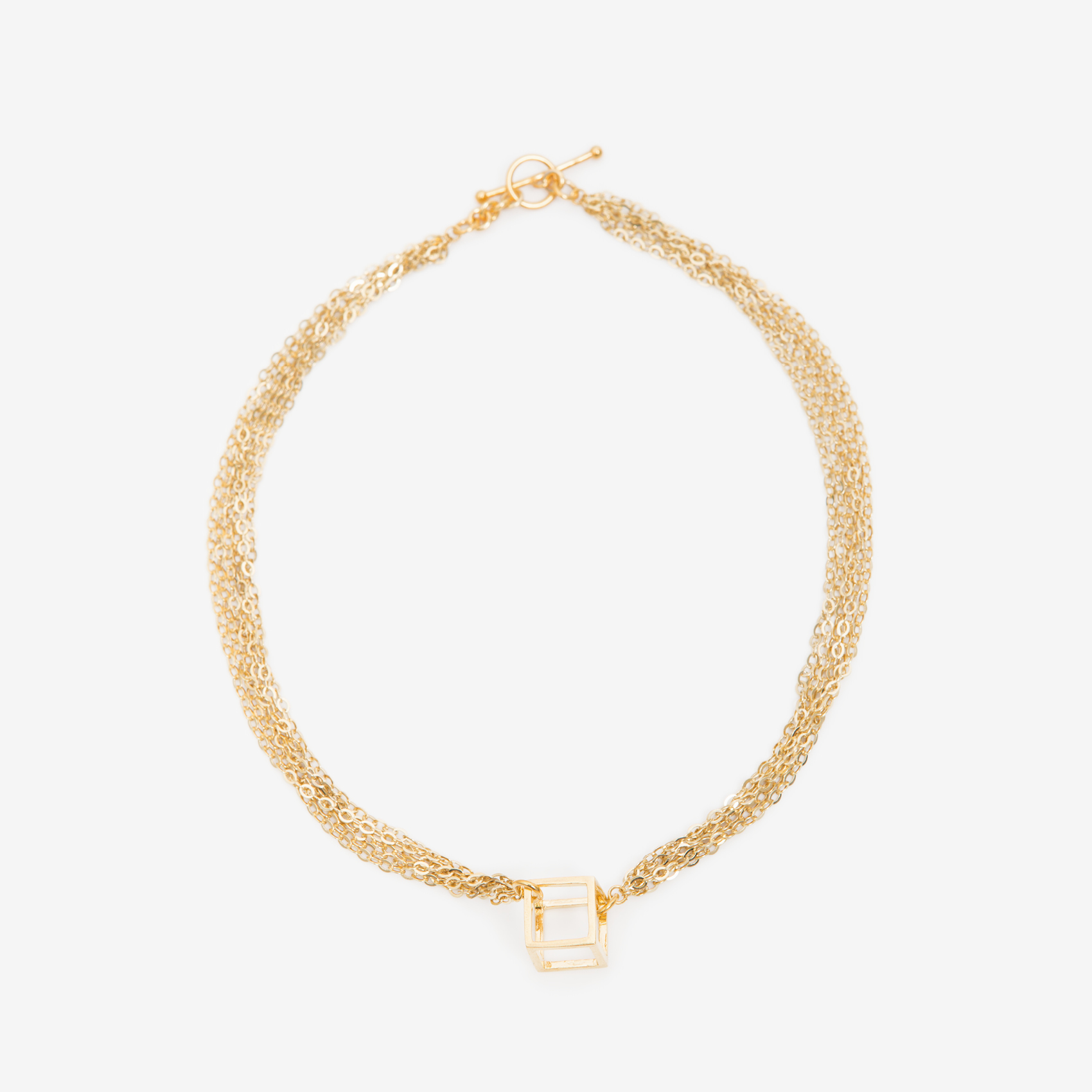 medium cube necklace with multiple faceted chains/gold